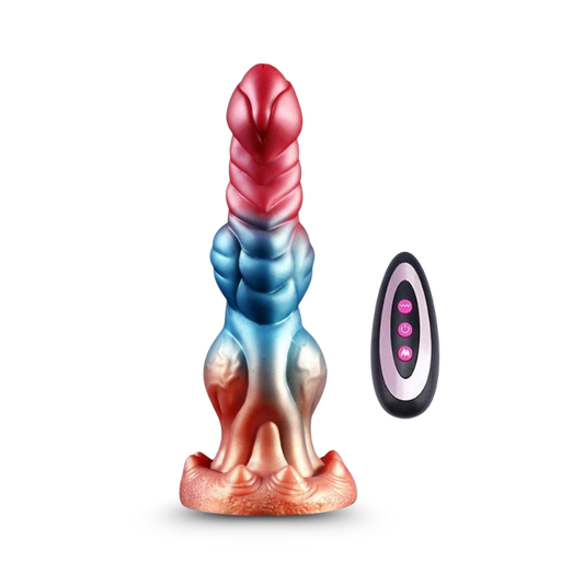 Fantasy-like multi-colored vibrating dildo with a remote control on a transparent background
