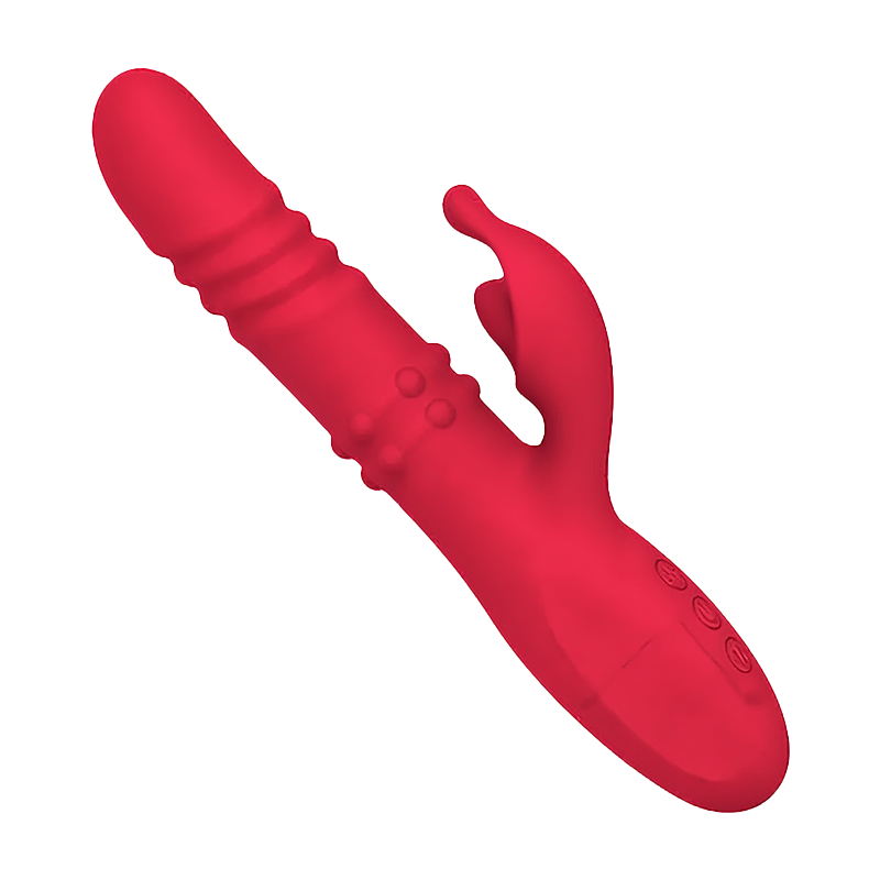 Red silicone dual vibrator on a white background