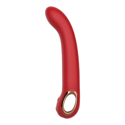 Red curved vibrator with gold accent handle on a white background