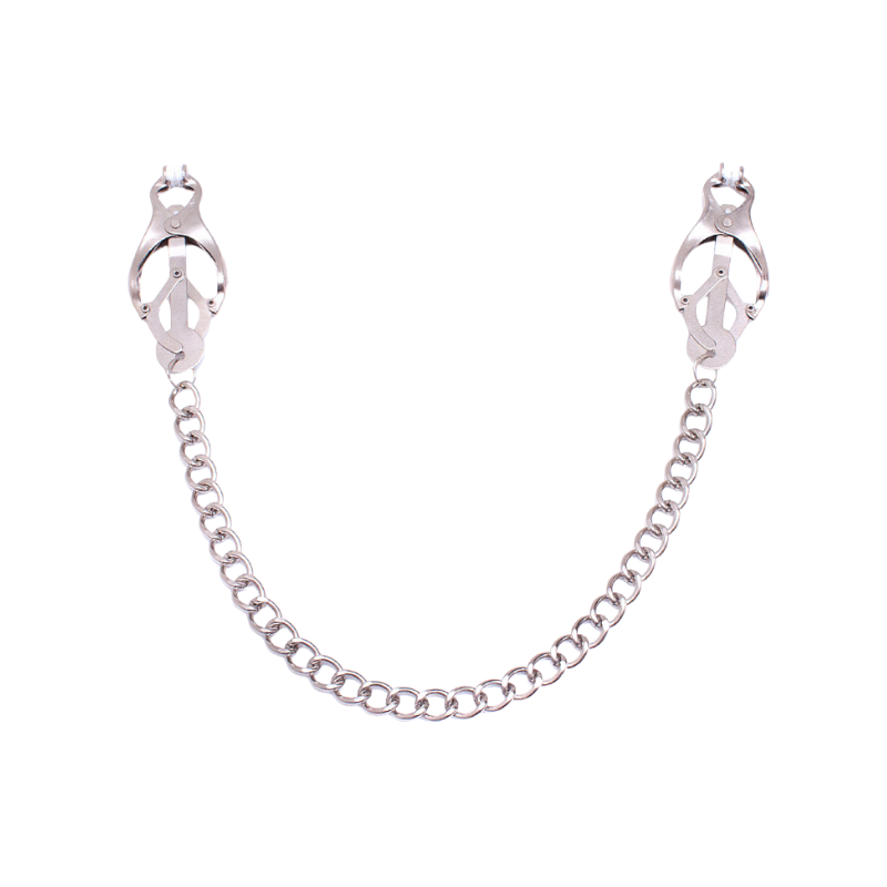 Silver nipple clips connected by a chain on transparent background