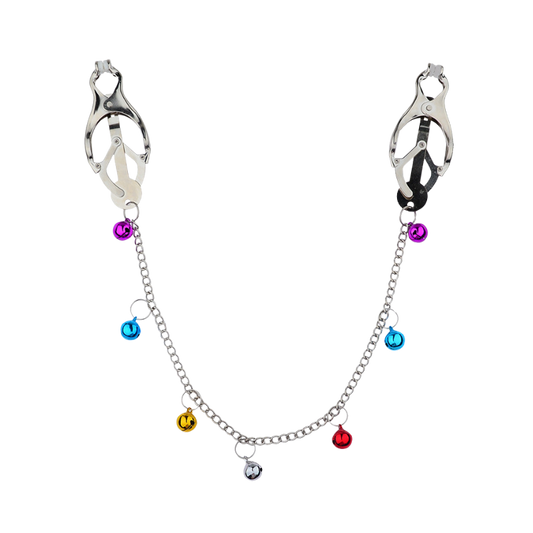Metallic nipple clips connected by a chain with colorful beads on a white background