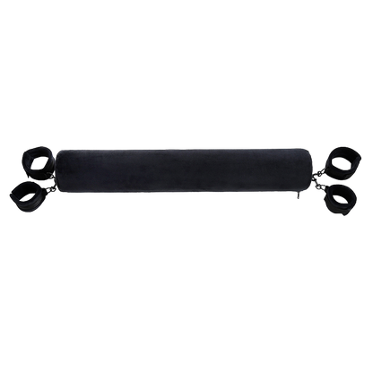 Black cylindrical spreader bar with four attached cuffs on both ends