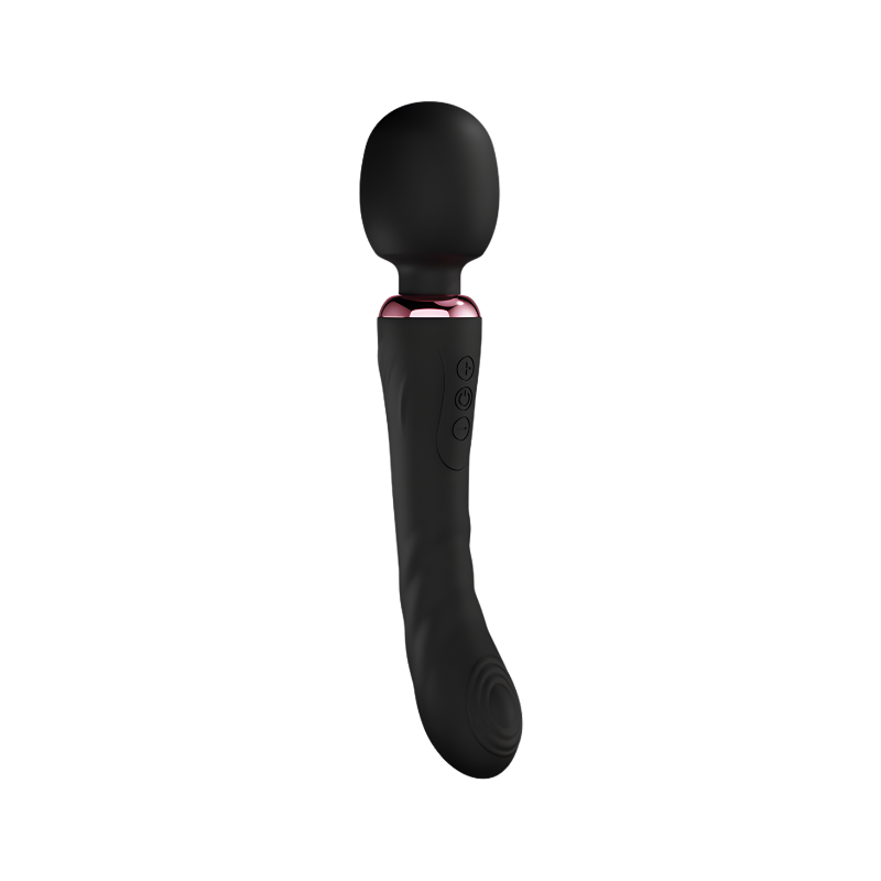 Black handheld wand vibrator or massager with pink band on a white background