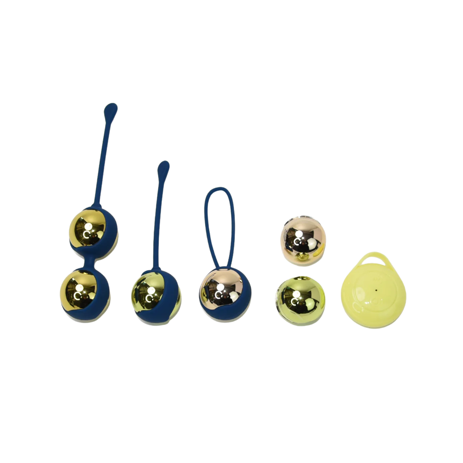 Set of blue and gold kegel balls with a yellow remote control on a transparent background
