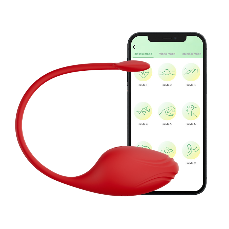 Red egg-like dual vibrator with a smartphone displaying app interface on a white background