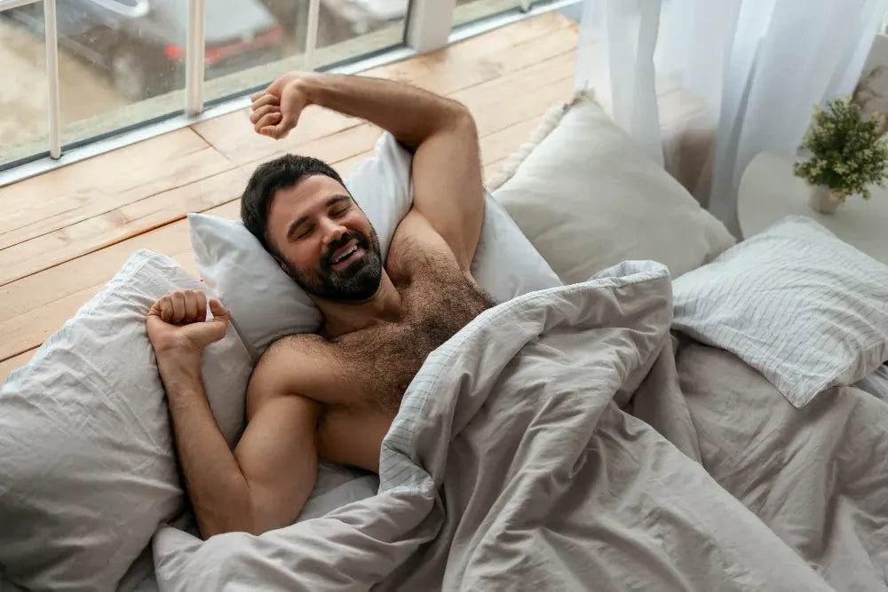 Man waking up satisfied in bed